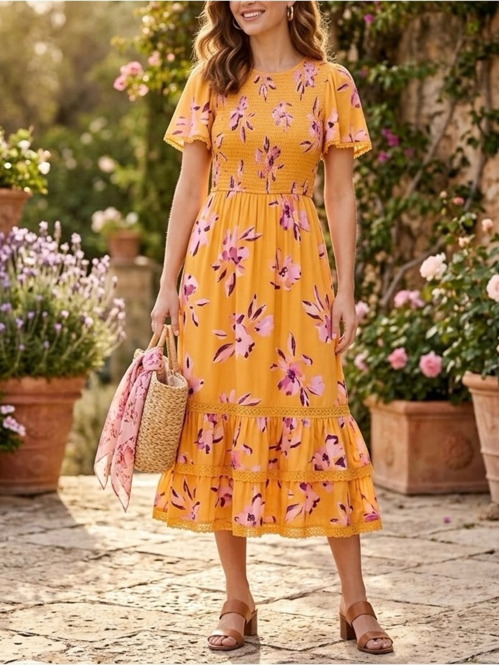 Nanette Lepore Mango Mojito Smocked Floral Midi Dress NWT Size 8
